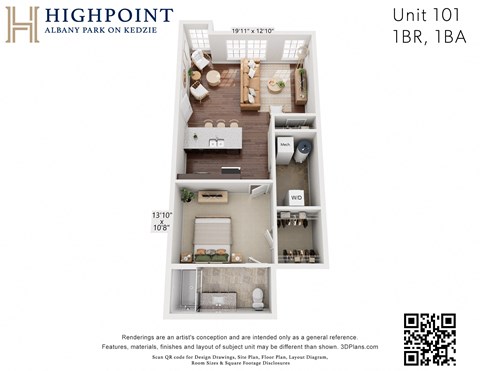 Floor plan for 1 bed, 1 bath, 794 sqft